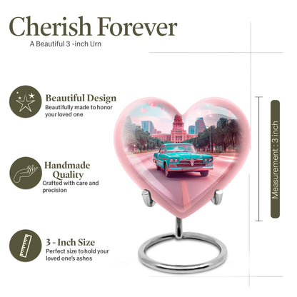 Ocean Teal Car Cremation Urn front view showing detailed design - loving heart memorial featuring car pattern - mini keepsake memorial for portion of cremation ashes