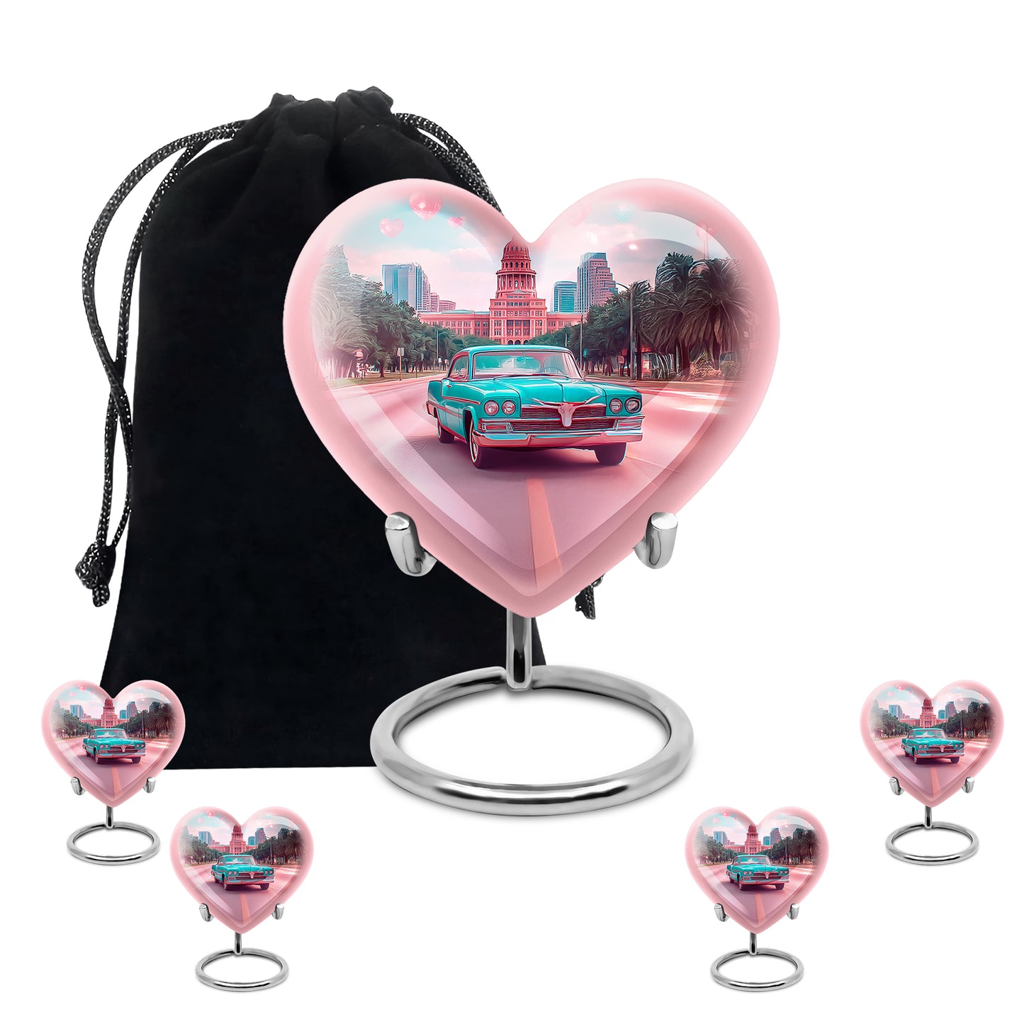 Tropical Teal Car Cremation Urn close-up of engraving and surface detail - romantic heart urn with car motif on aluminum - memorial set with one large and four small urns