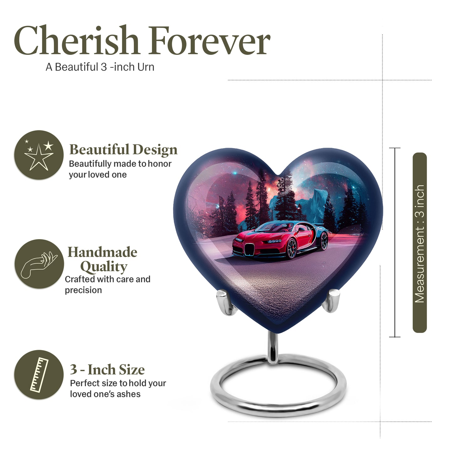 Azure Car Cremation Urn front view showing detailed design - heart-shaped car design symbolizing eternal love - mini keepsake memorial for portion of cremation ashes