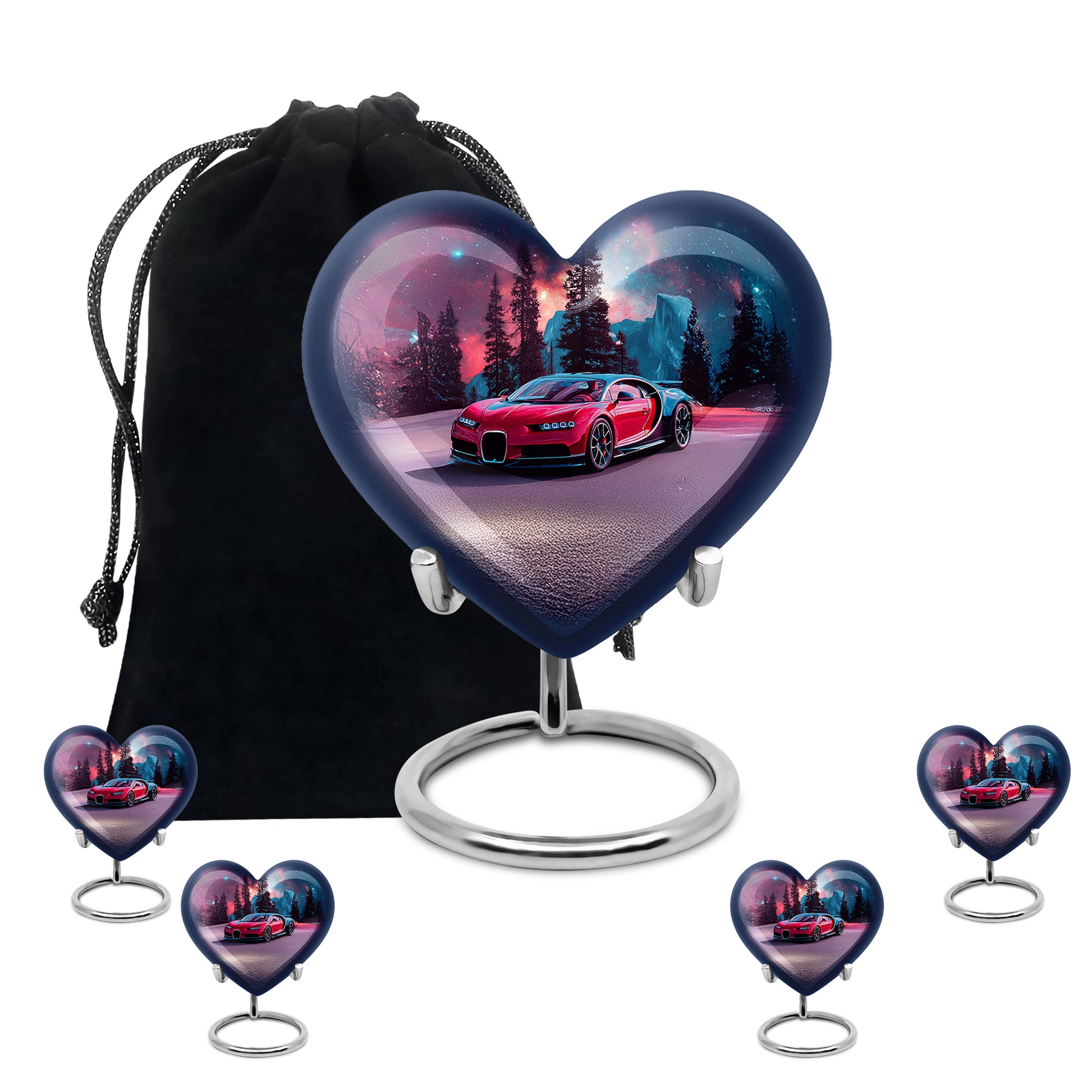 Royal Blue Car Cremation Urn close-up of engraving and surface detail - romantic heart urn with car motif on aluminum - memorial set with one large and four small urns