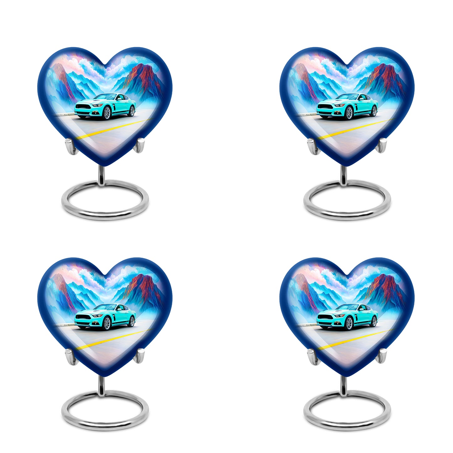 Soft Teal Car Cremation Urn angled view of lid and engraved motif - loving heart memorial featuring car pattern - 10 inch aluminum urn for cremated remains