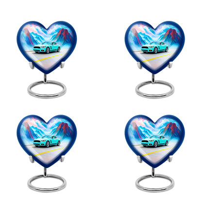 Soft Teal Car Cremation Urn angled view of lid and engraved motif - loving heart memorial featuring car pattern - 10 inch aluminum urn for cremated remains
