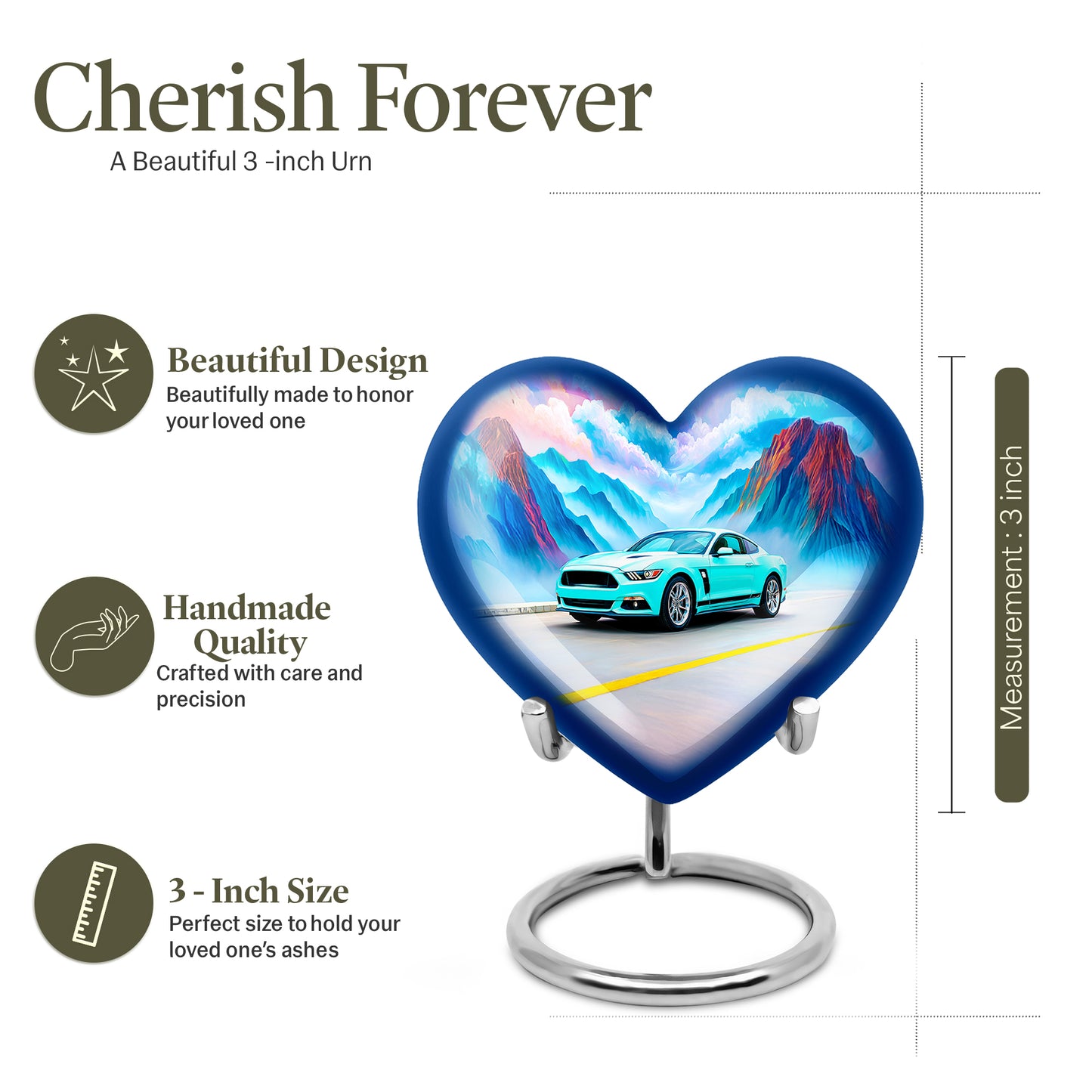 Deep Teal Car Cremation Urn front view showing detailed design - romantic heart urn with car motif on aluminum - mini keepsake memorial for portion of cremation ashes
