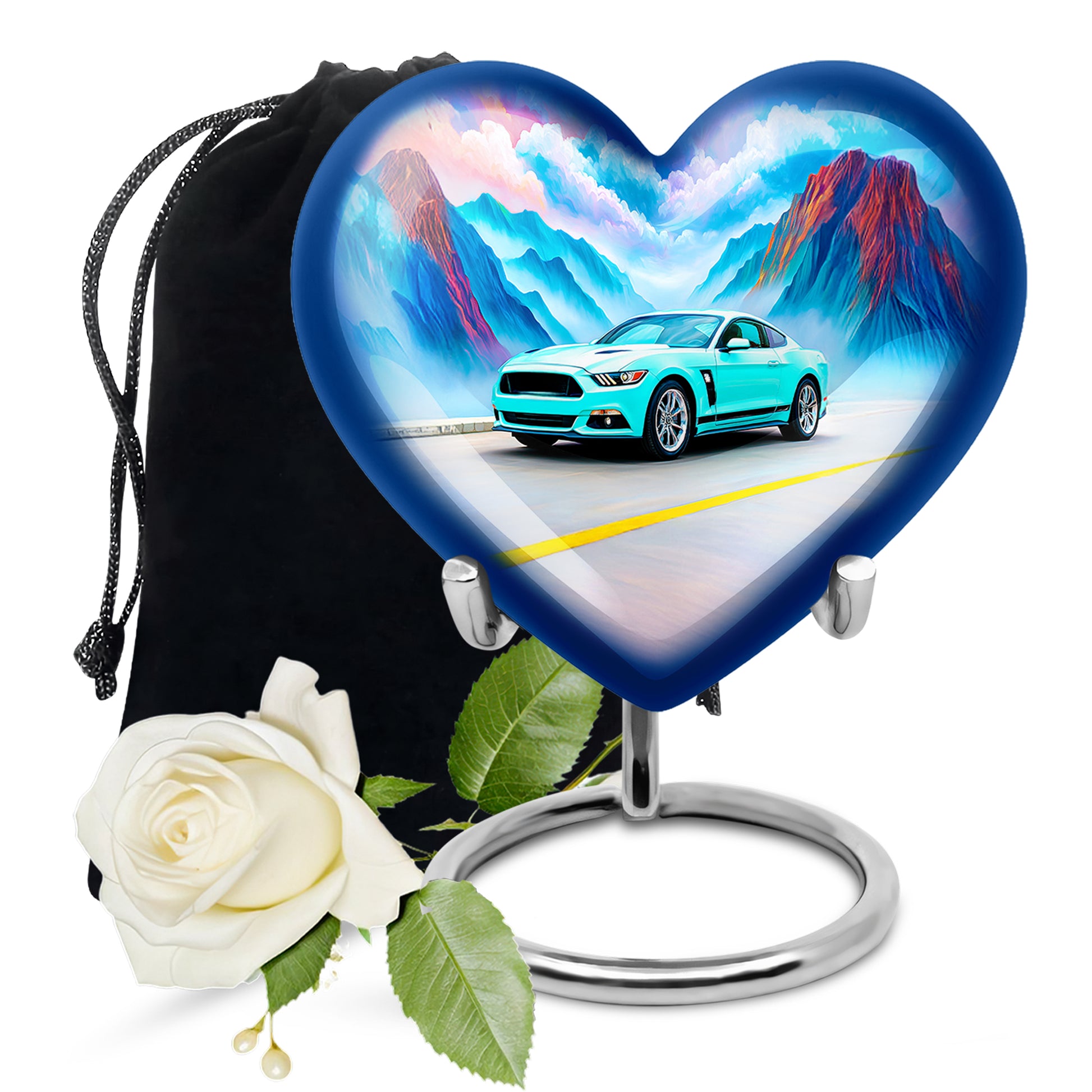 Deep Teal Car Cremation Urn detail view - romantic heart urn with car motif on aluminum - full-size 10 inch 200 cubic inch adult cremation urn