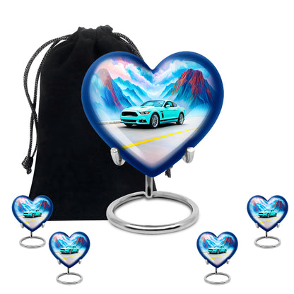 Vivid Teal Car Cremation Urn close-up of engraving and surface detail - compassionate heart-car combination with gentle curves - memorial set with one large and four small urns