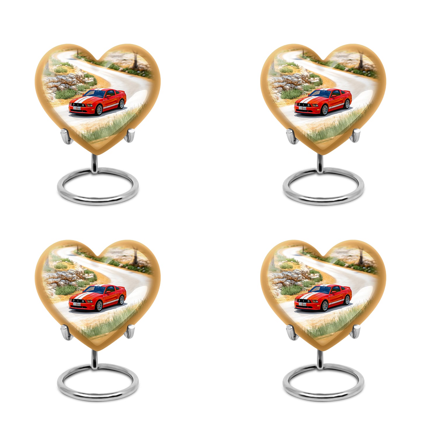 Champagne Gold Car Cremation Urn angled view of lid and engraved motif - heart-shaped car design symbolizing eternal love - 10 inch aluminum urn for cremated remains