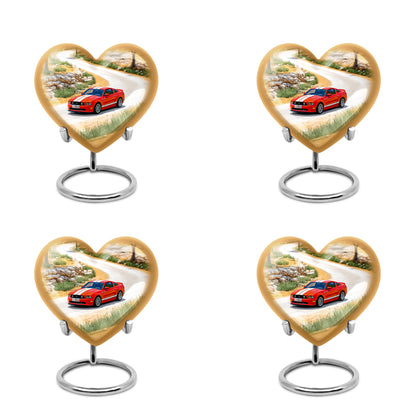 Champagne Gold Car Cremation Urn angled view of lid and engraved motif - heart-shaped car design symbolizing eternal love - 10 inch aluminum urn for cremated remains