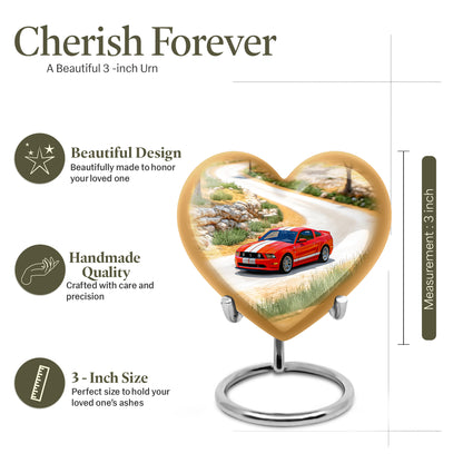 Sunrise Gold Car Cremation Urn front view showing detailed design - loving heart memorial featuring car pattern - mini keepsake memorial for portion of cremation ashes