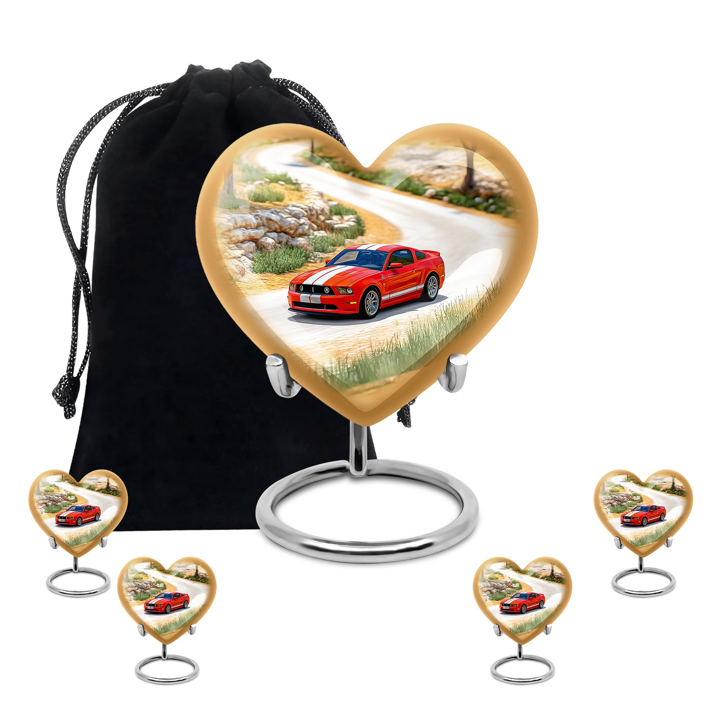 Champagne Gold Car Cremation Urn close-up of engraving and surface detail - heart-shaped car design symbolizing eternal love - memorial set with one large and four small urns