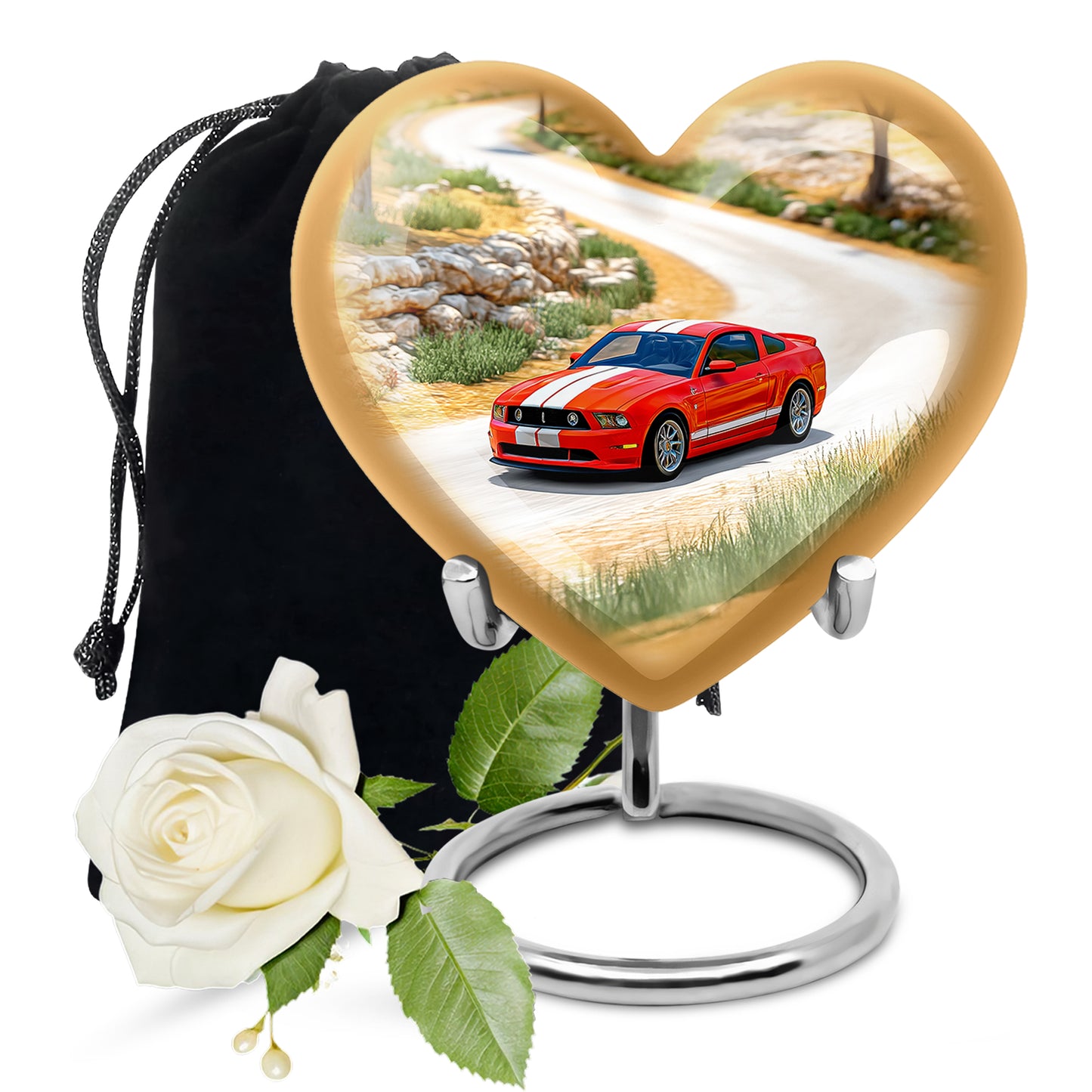 Sunrise Gold Car Cremation Urn detail view - heart-shaped car design symbolizing eternal love - full-size 10 inch 200 cubic inch adult cremation urn