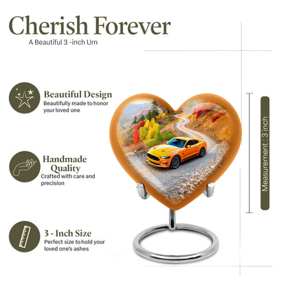 Calming Blue Car Cremation Urn front view showing detailed design - compassionate heart-car combination with gentle curves - mini keepsake memorial for portion of cremation ashes