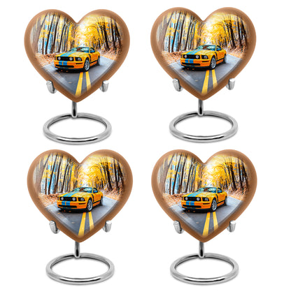 Bright Blue Car Cremation Urn angled view of lid and engraved motif - compassionate heart-car combination with gentle curves - 10 inch aluminum urn for cremated remains