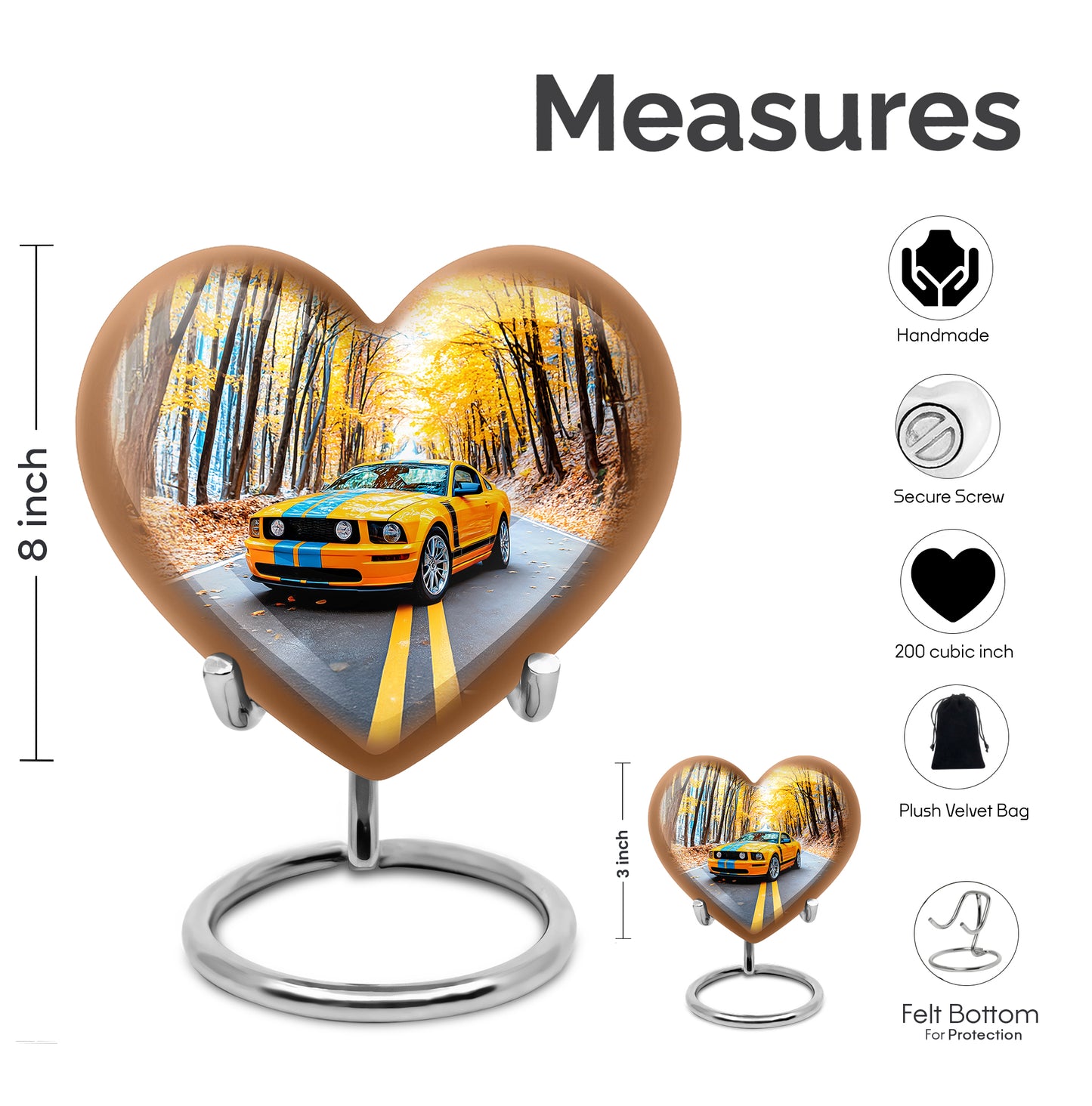 Indigo Car Cremation Urn front view showing detailed design - heart-shaped car design symbolizing eternal love - mini keepsake memorial for portion of cremation ashes