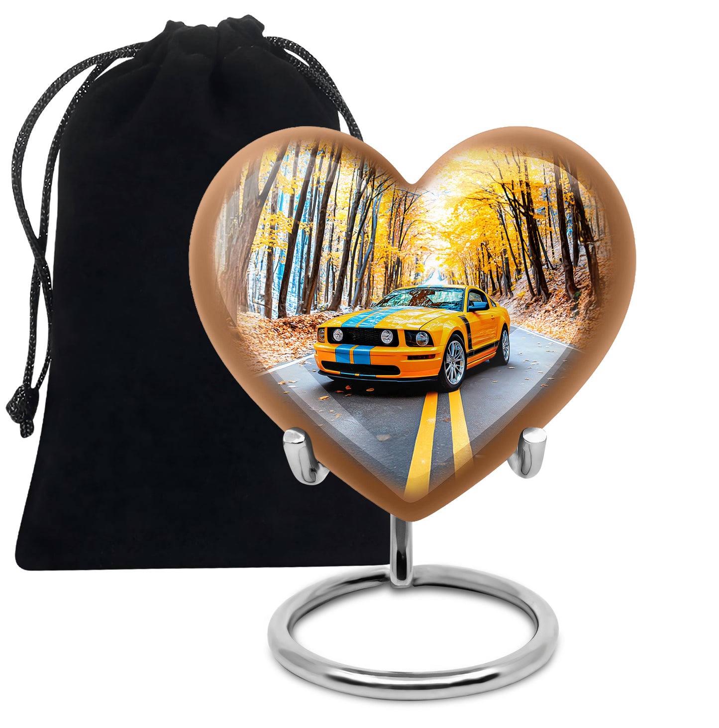 Dusty Blue Car Cremation Urn detail view - loving heart memorial featuring car pattern - full-size 10 inch 200 cubic inch adult cremation urn