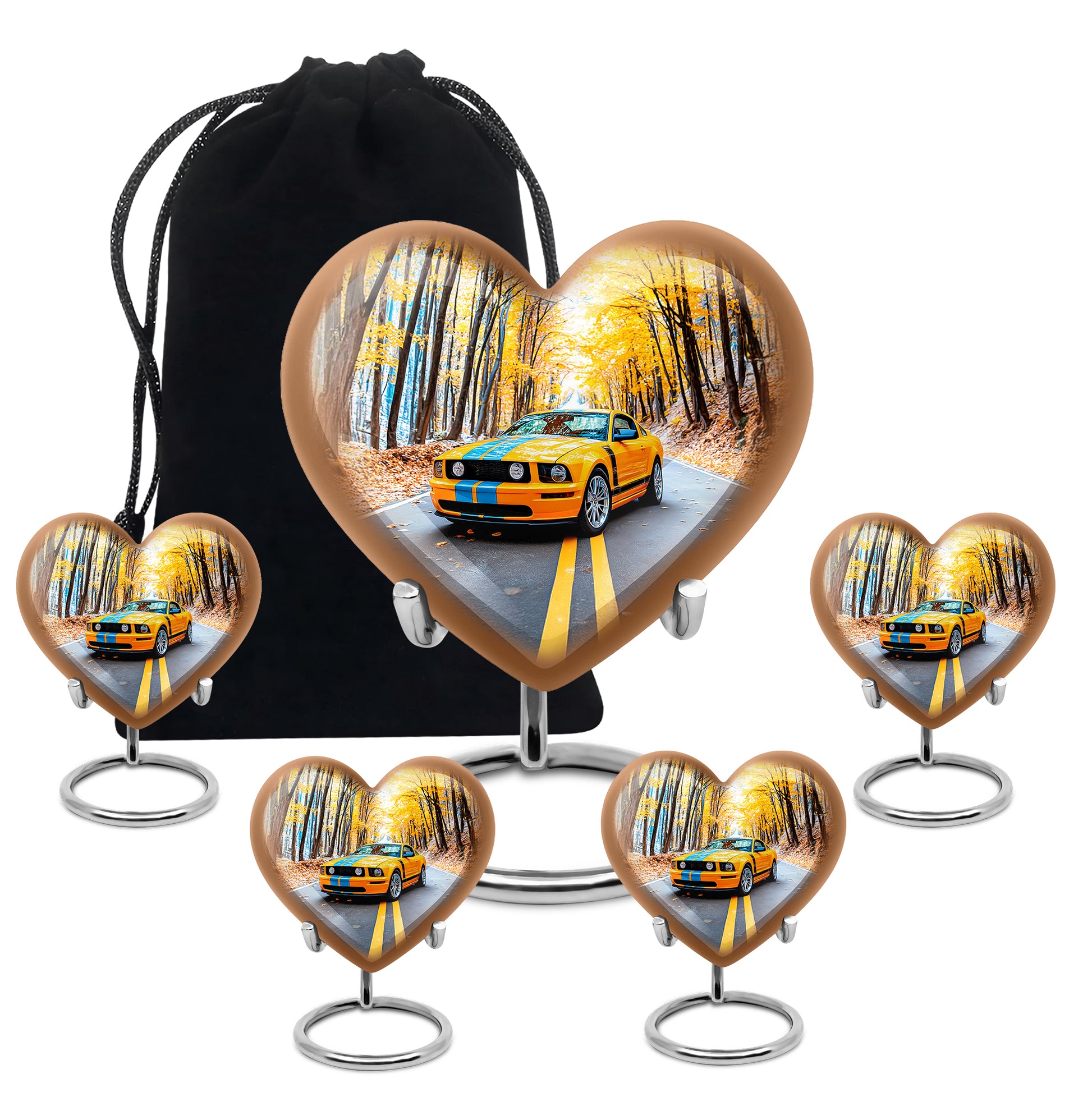 Powder Blue Car Cremation Urn close-up of engraving and surface detail - heart-shaped car design symbolizing eternal love - memorial set with one large and four small urns