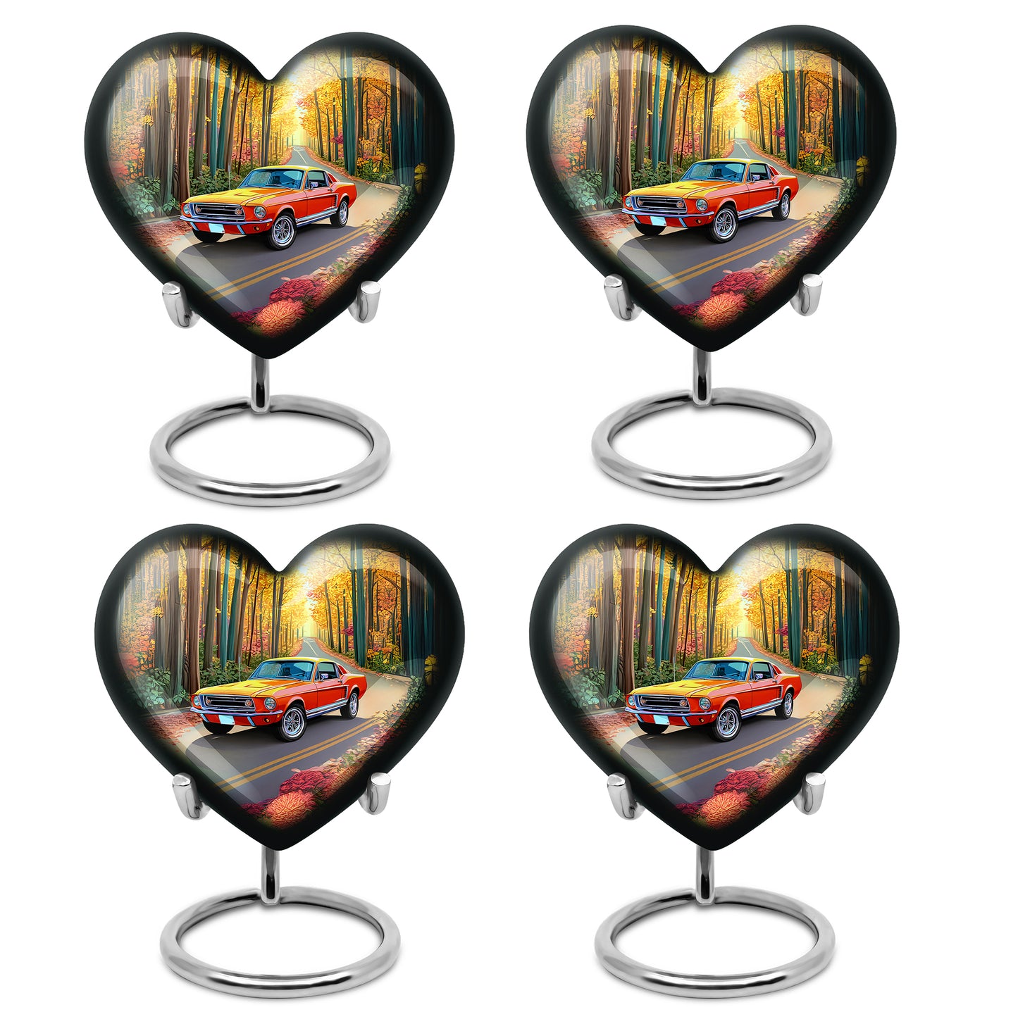 Warm Gold Car Cremation Urn angled view of lid and engraved motif - compassionate heart-car combination with gentle curves - 10 inch aluminum urn for cremated remains