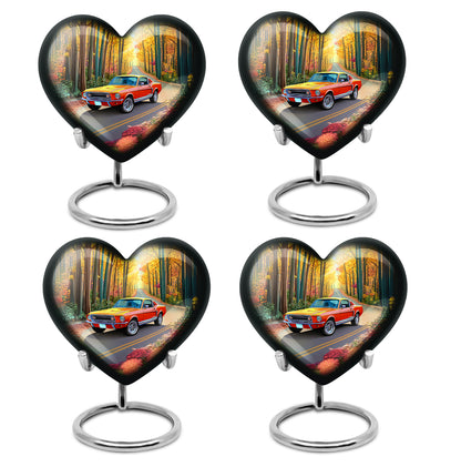 Warm Gold Car Cremation Urn angled view of lid and engraved motif - compassionate heart-car combination with gentle curves - 10 inch aluminum urn for cremated remains