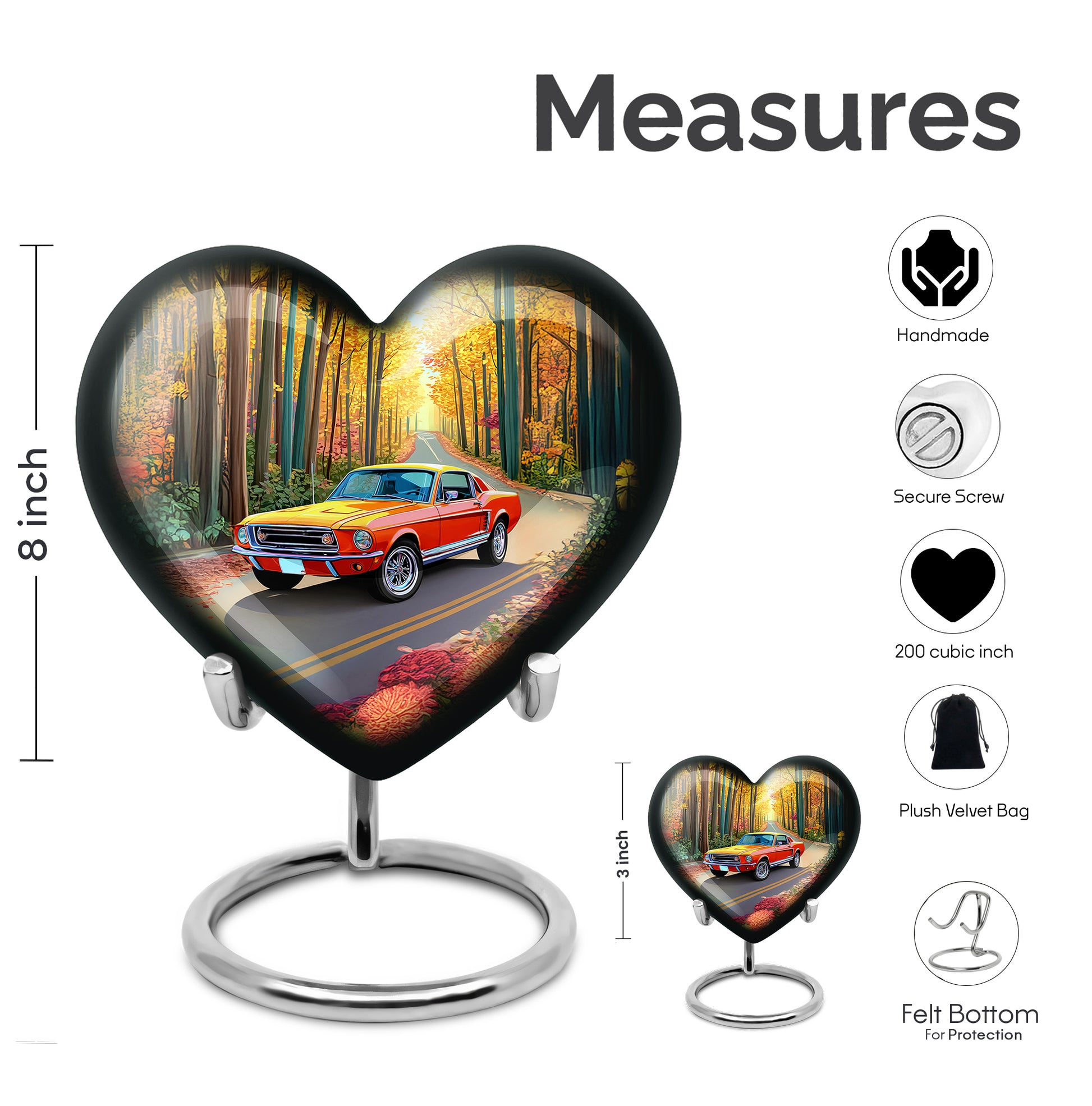 Antique Gold Car Cremation Urn front view showing detailed design - heart-shaped car design symbolizing eternal love - mini keepsake memorial for portion of cremation ashes