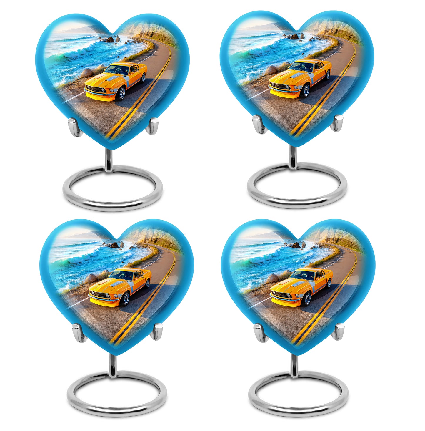 Icy Blue Car Cremation Urn angled view of lid and engraved motif - heart-shaped car design symbolizing eternal love - 10 inch aluminum urn for cremated remains