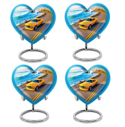Icy Blue Car Cremation Urn angled view of lid and engraved motif - heart-shaped car design symbolizing eternal love - 10 inch aluminum urn for cremated remains