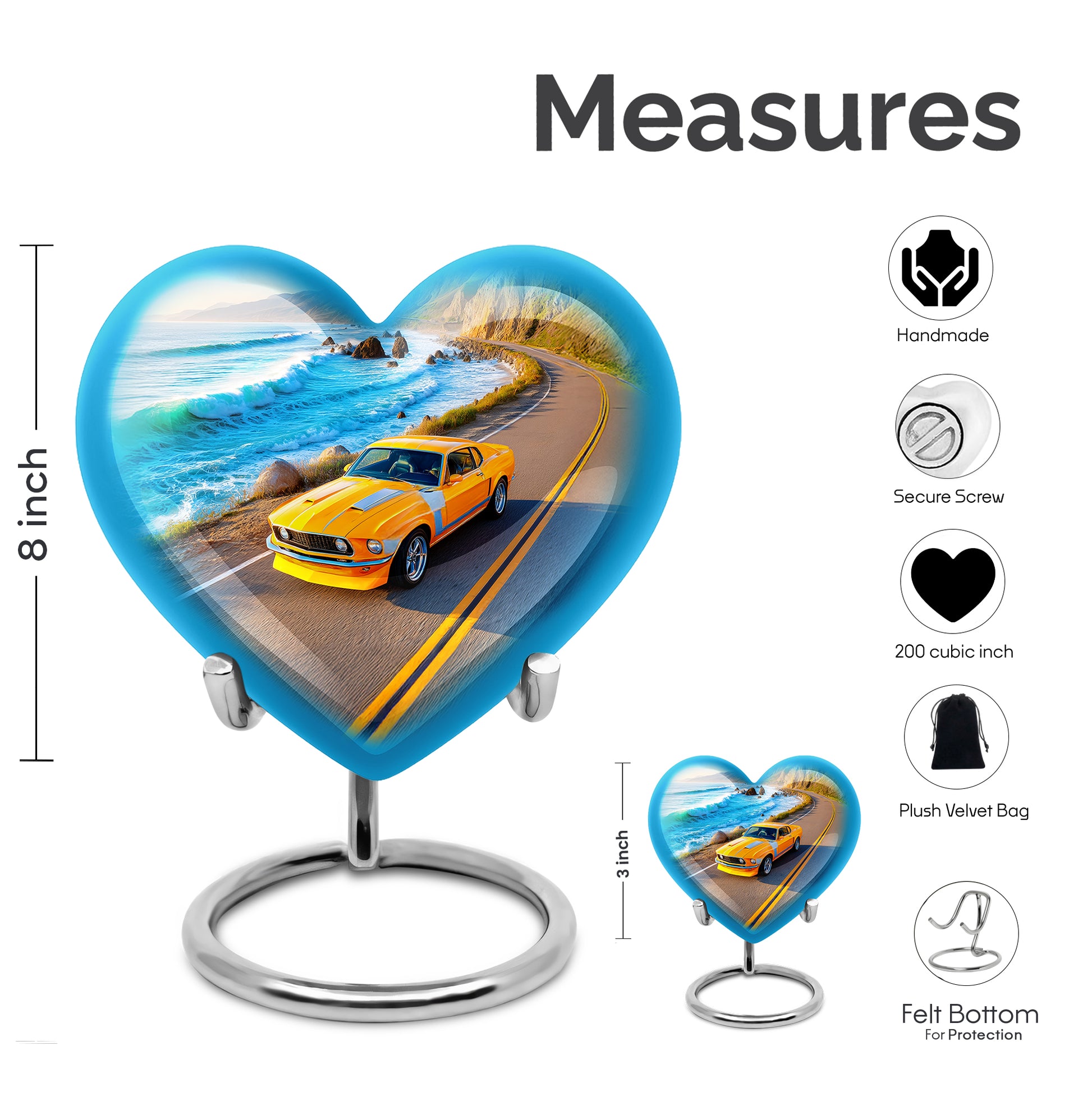 Sky Blue Car Cremation Urn front view showing detailed design - heart-shaped car design symbolizing eternal love - mini keepsake memorial for portion of cremation ashes