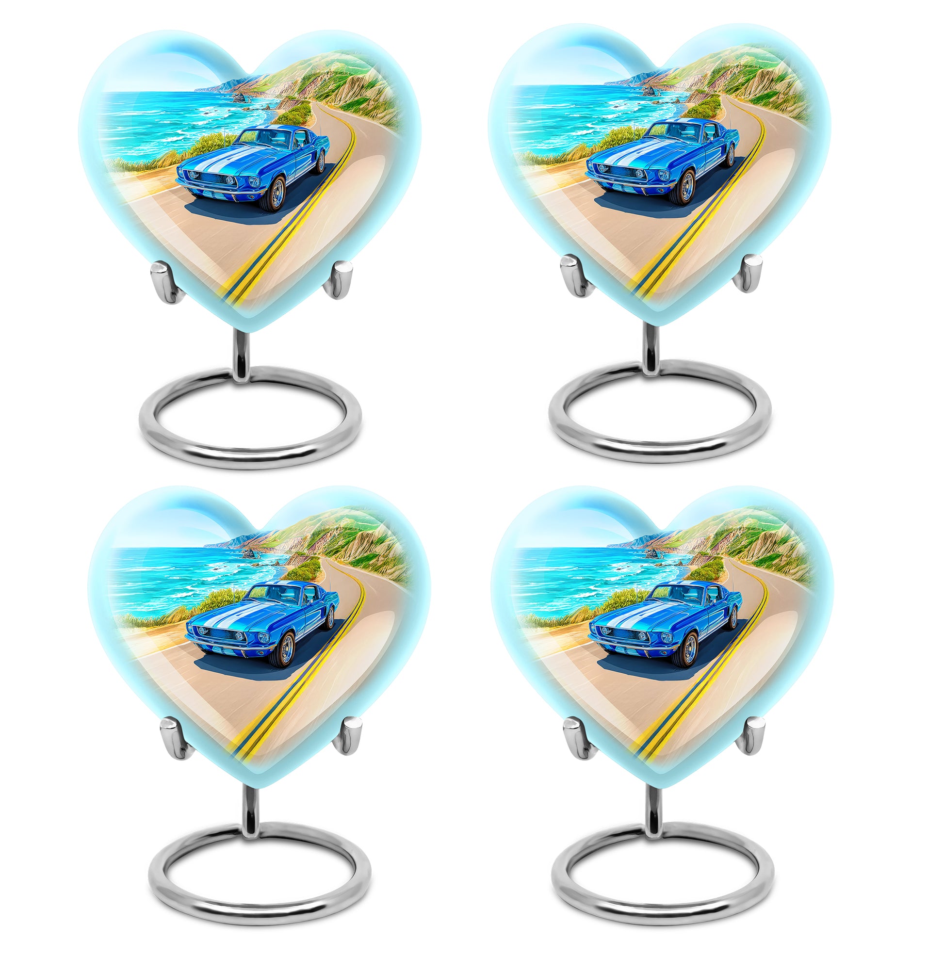 Icy Blue Car Cremation Urn angled view of lid and engraved motif - heart-shaped car design symbolizing eternal love - 10 inch aluminum urn for cremated remains