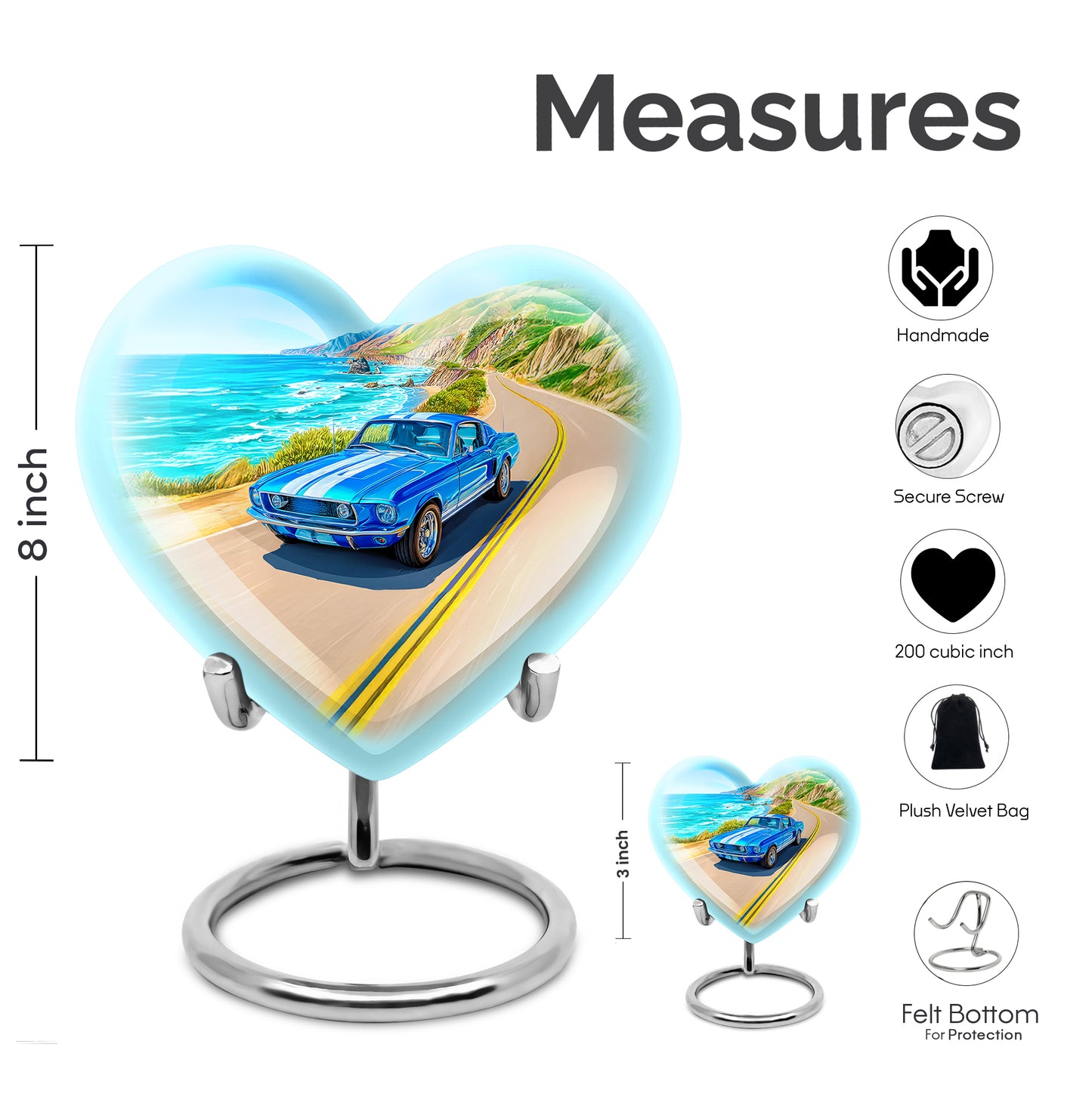 Celestial Blue Car Cremation Urn front view showing detailed design - loving heart memorial featuring car pattern - mini keepsake memorial for portion of cremation ashes