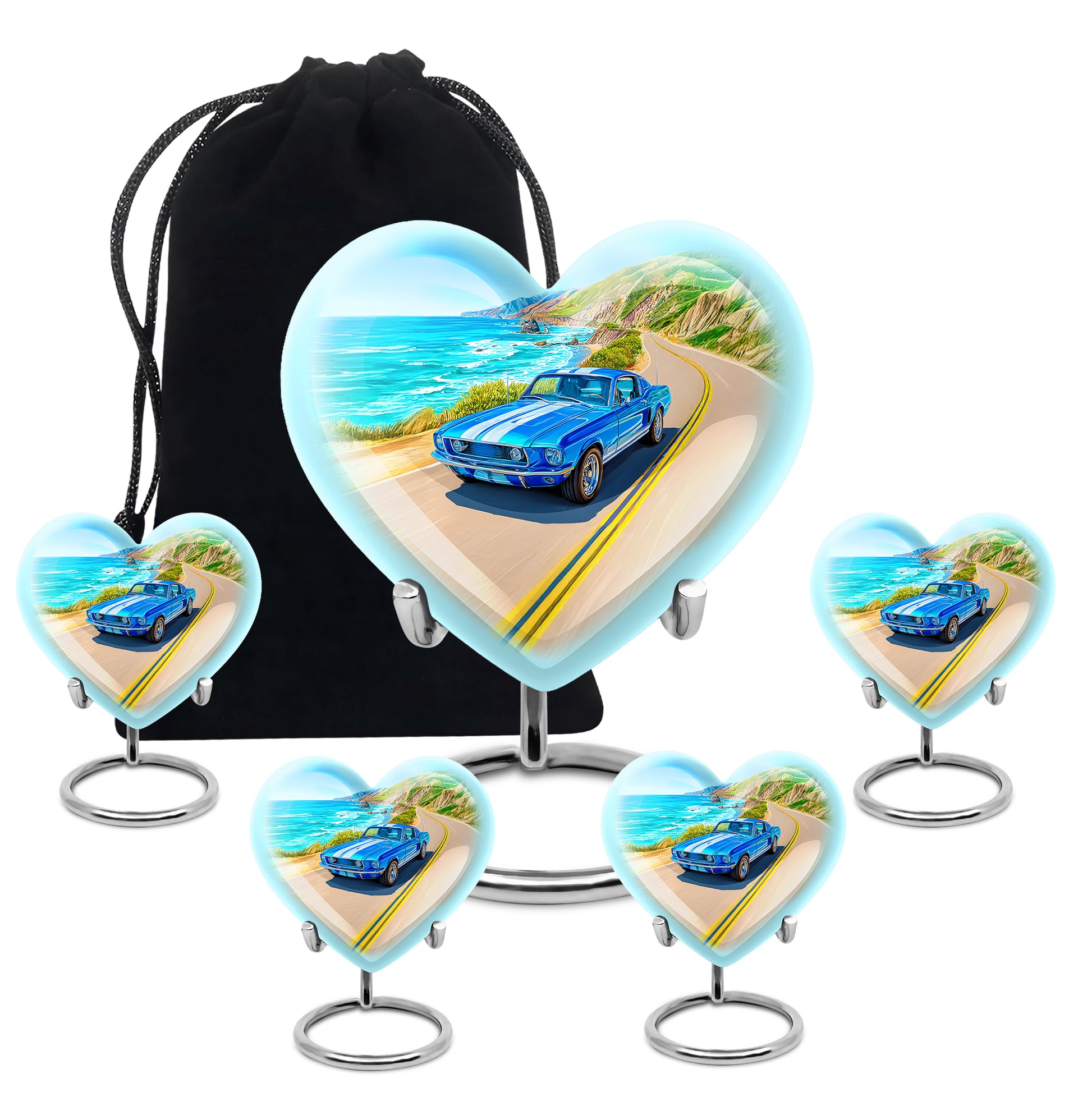 Powder Blue Car Cremation Urn close-up of engraving and surface detail - loving heart memorial featuring car pattern - memorial set with one large and four small urns