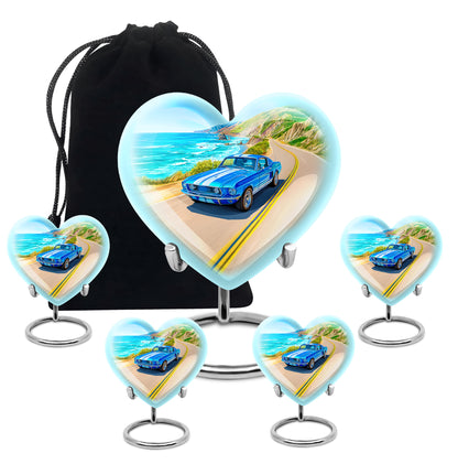 Powder Blue Car Cremation Urn close-up of engraving and surface detail - loving heart memorial featuring car pattern - memorial set with one large and four small urns