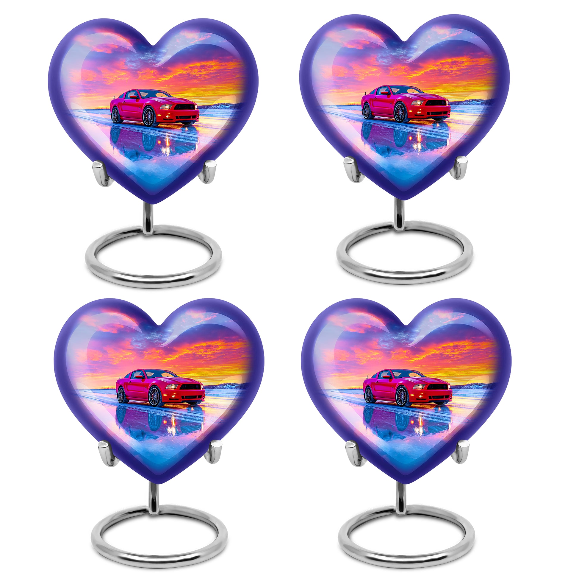 Royal Blue Car Cremation Urn angled view of lid and engraved motif - compassionate heart-car combination with gentle curves - 10 inch aluminum urn for cremated remains