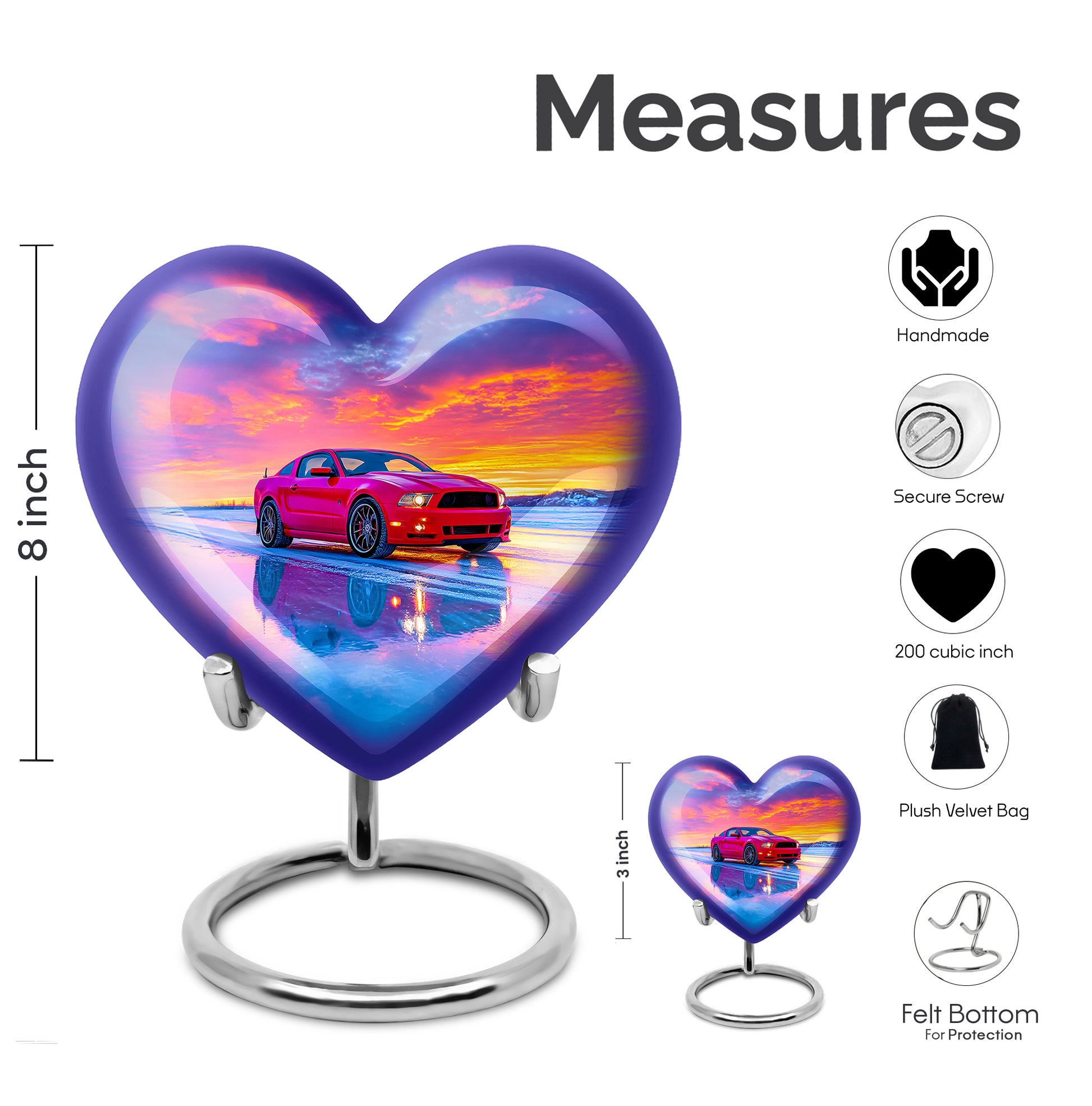 Twilight Blue Car Cremation Urn front view showing detailed design - romantic heart urn with car motif on aluminum - mini keepsake memorial for portion of cremation ashes