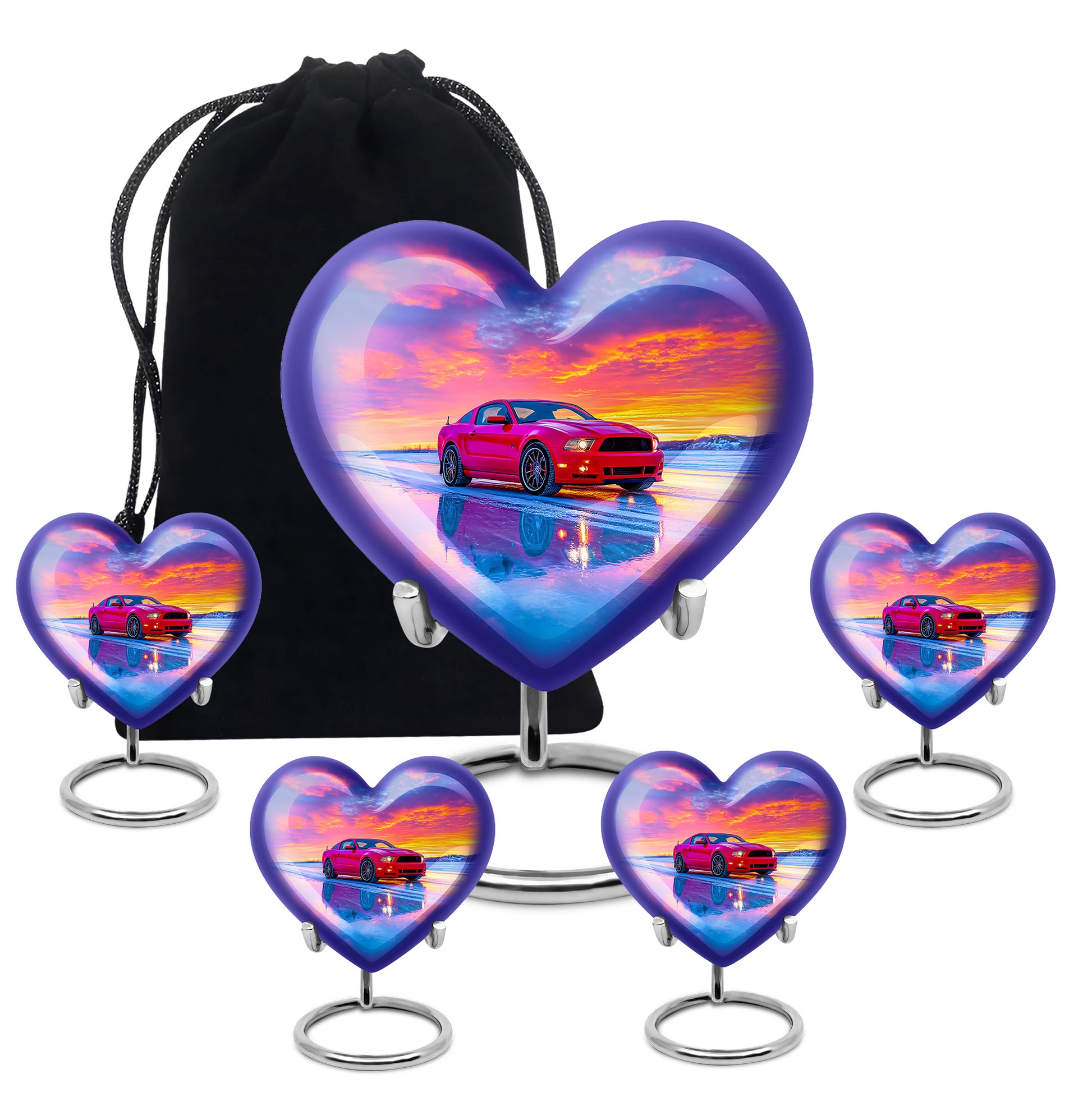 Navy Blue Car Cremation Urn close-up of engraving and surface detail - heart-shaped car design symbolizing eternal love - memorial set with one large and four small urns