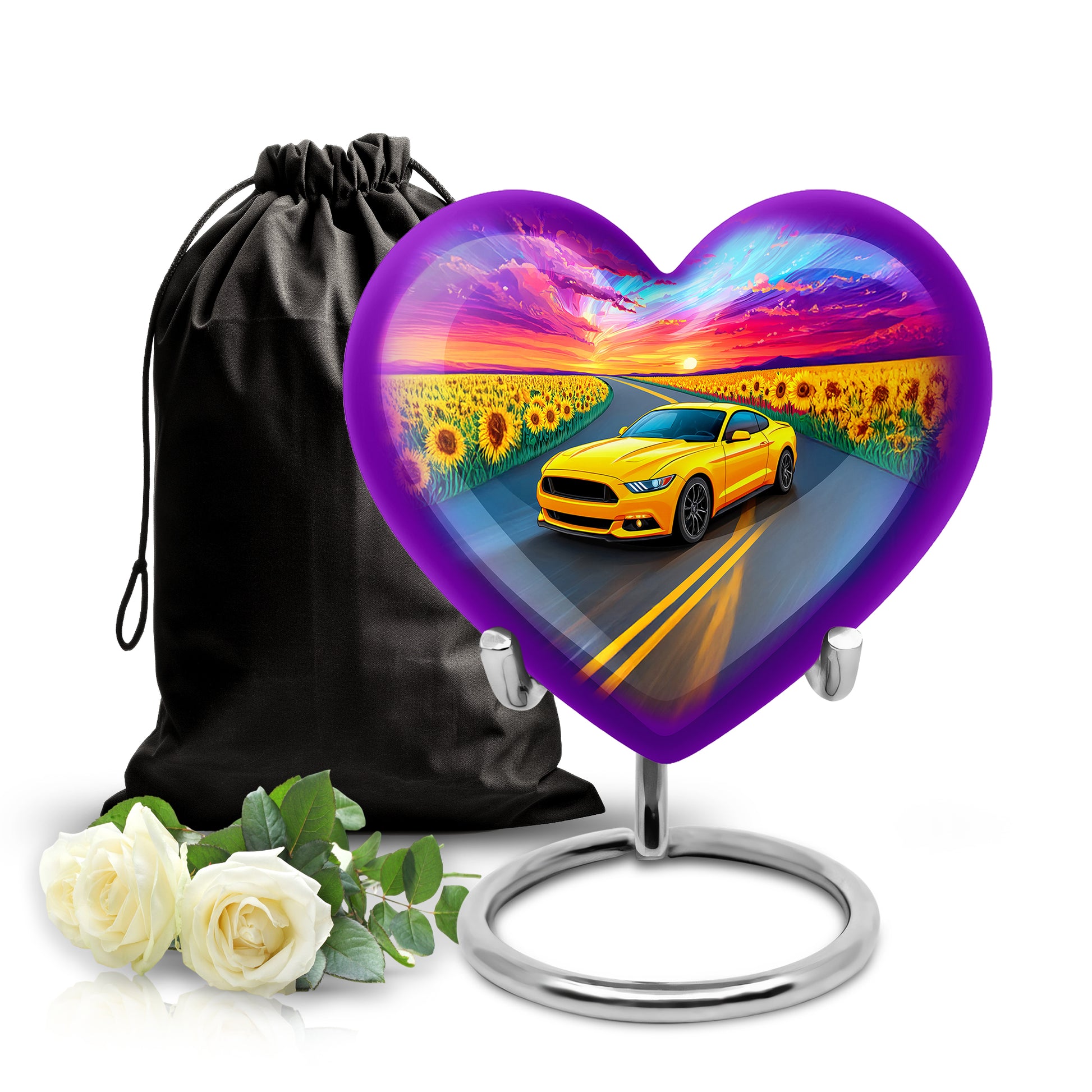 Azure Car Cremation Urn detail view - heart-shaped car design symbolizing eternal love - full-size 10 inch 200 cubic inch adult cremation urn
