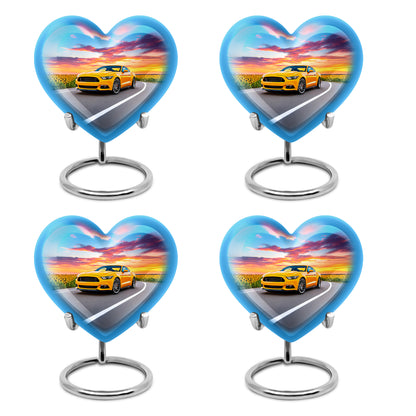 Icy Blue Car Cremation Urn angled view of lid and engraved motif - loving heart memorial featuring car pattern - 10 inch aluminum urn for cremated remains