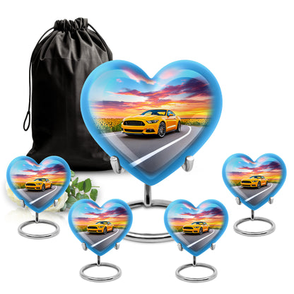 Sky Blue Car Cremation Urn close-up of engraving and surface detail - heart-shaped car design symbolizing eternal love - memorial set with one large and four small urns