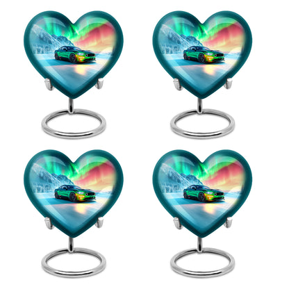 Cobalt Blue Car Cremation Urn angled view of lid and engraved motif - romantic heart urn with car motif on aluminum - 10 inch aluminum urn for cremated remains