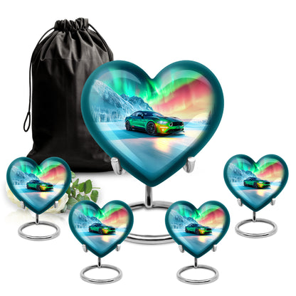 Misty Blue Car Cremation Urn close-up of engraving and surface detail - heart-shaped car design symbolizing eternal love - memorial set with one large and four small urns