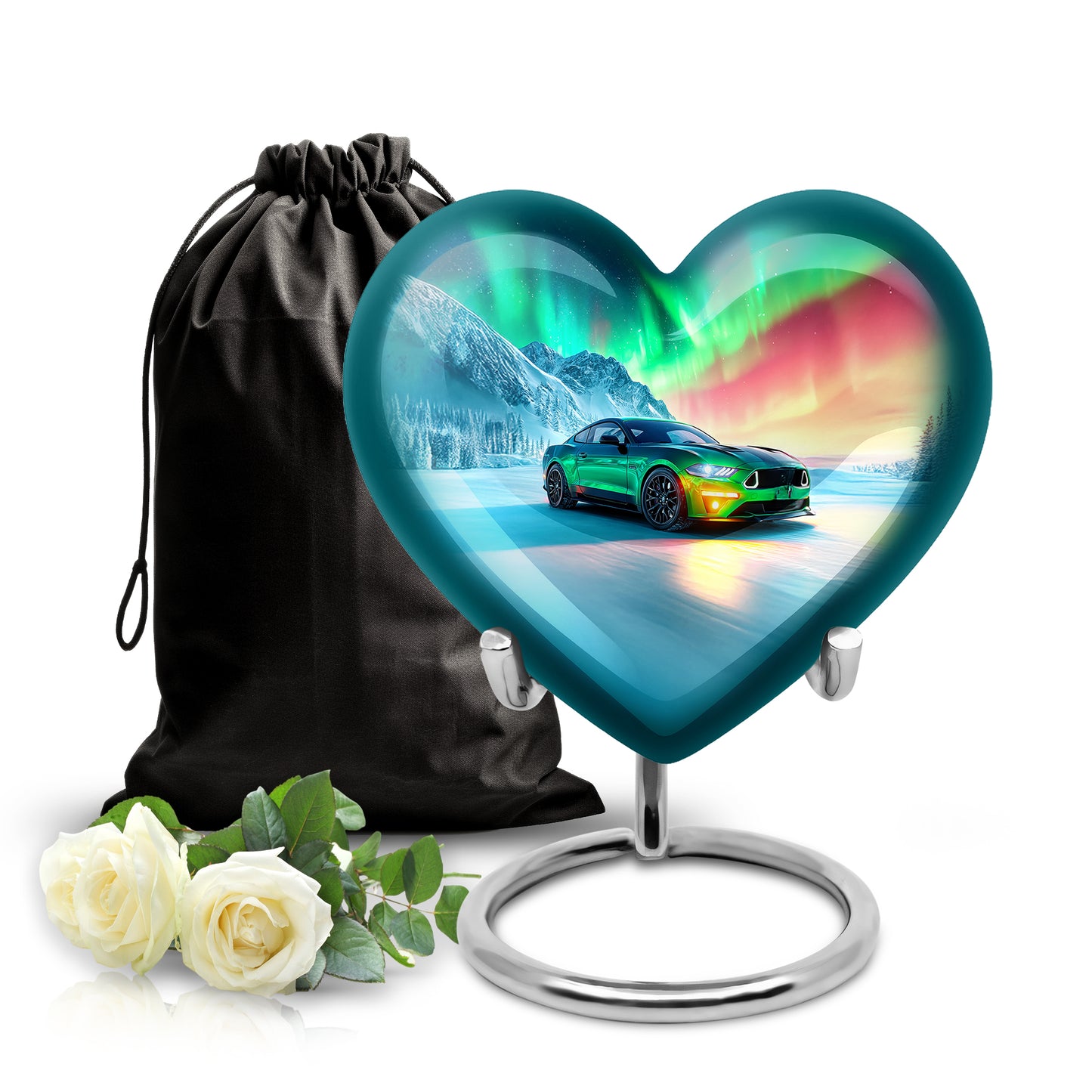 Navy Blue Car Cremation Urn detail view - heart-shaped car design symbolizing eternal love - full-size 10 inch 200 cubic inch adult cremation urn