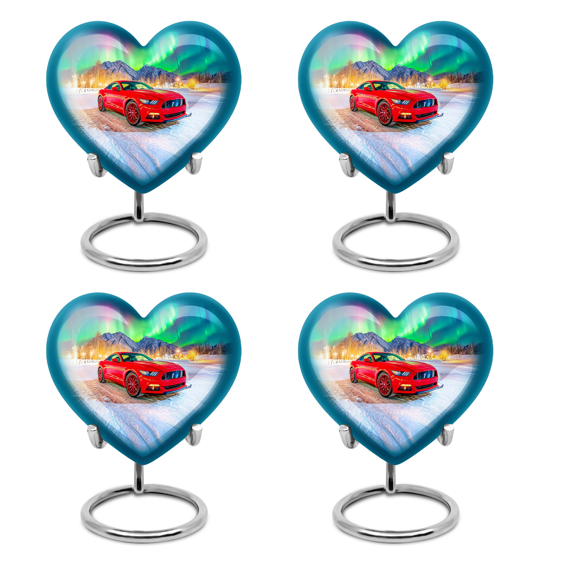Azure Car Cremation Urn angled view of lid and engraved motif - loving heart memorial featuring car pattern - 10 inch aluminum urn for cremated remains