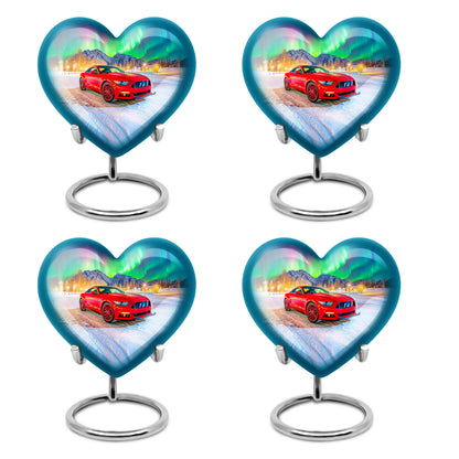 Azure Car Cremation Urn angled view of lid and engraved motif - loving heart memorial featuring car pattern - 10 inch aluminum urn for cremated remains