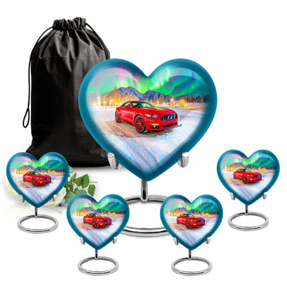 Powder Blue Car Cremation Urn close-up of engraving and surface detail - loving heart memorial featuring car pattern - memorial set with one large and four small urns