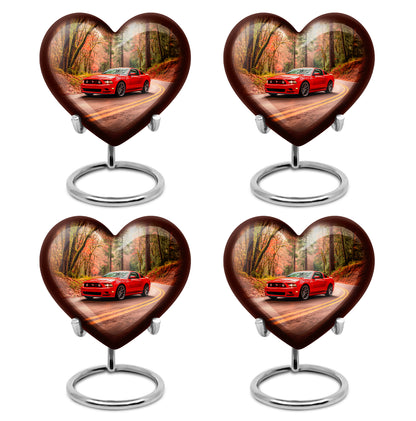 Harvest Gold Car Cremation Urn angled view of lid and engraved motif - compassionate heart-car combination with gentle curves - 10 inch aluminum urn for cremated remains