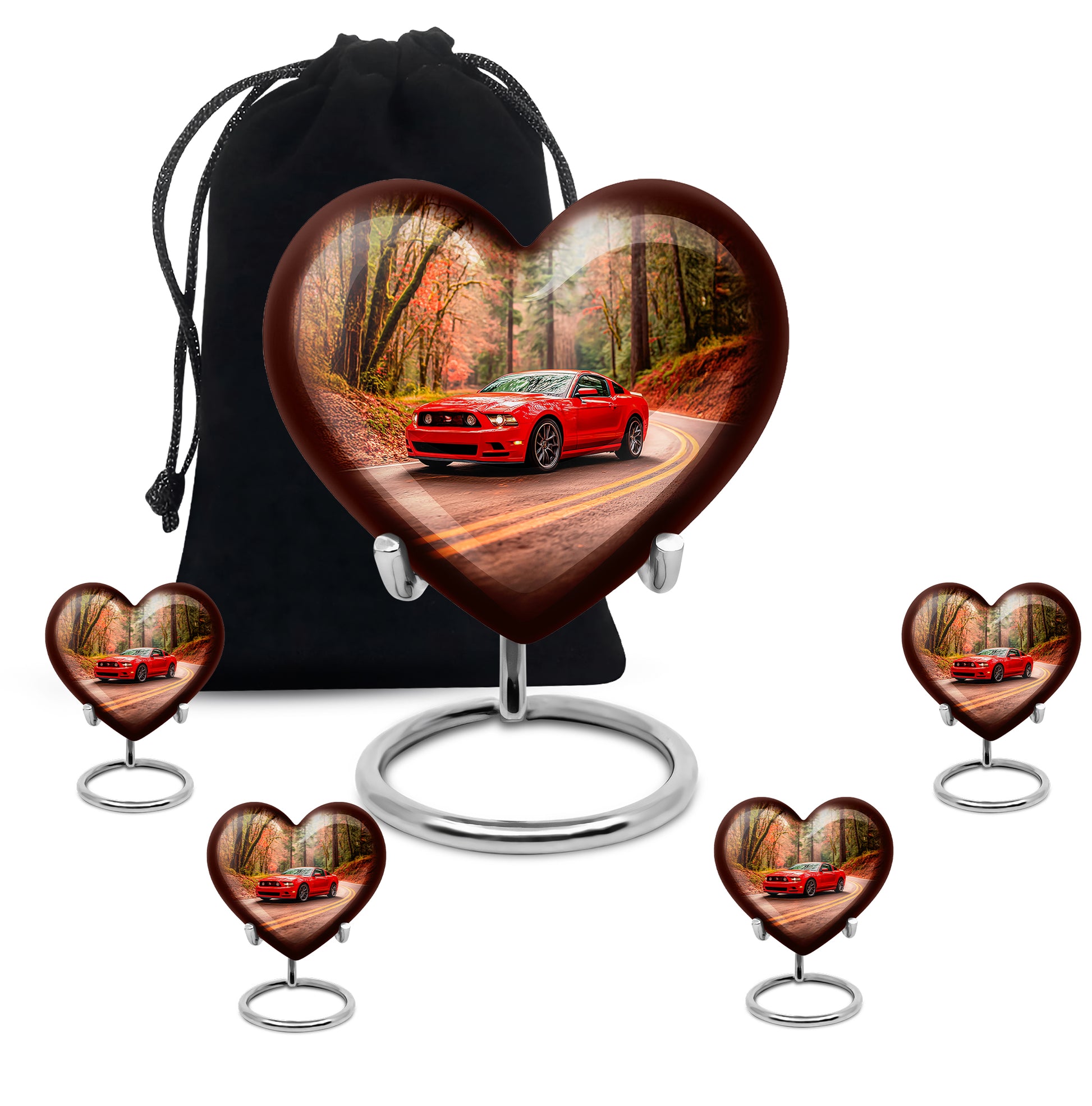 Champagne Gold Car Cremation Urn close-up of engraving and surface detail - loving heart memorial featuring car pattern - memorial set with one large and four small urns