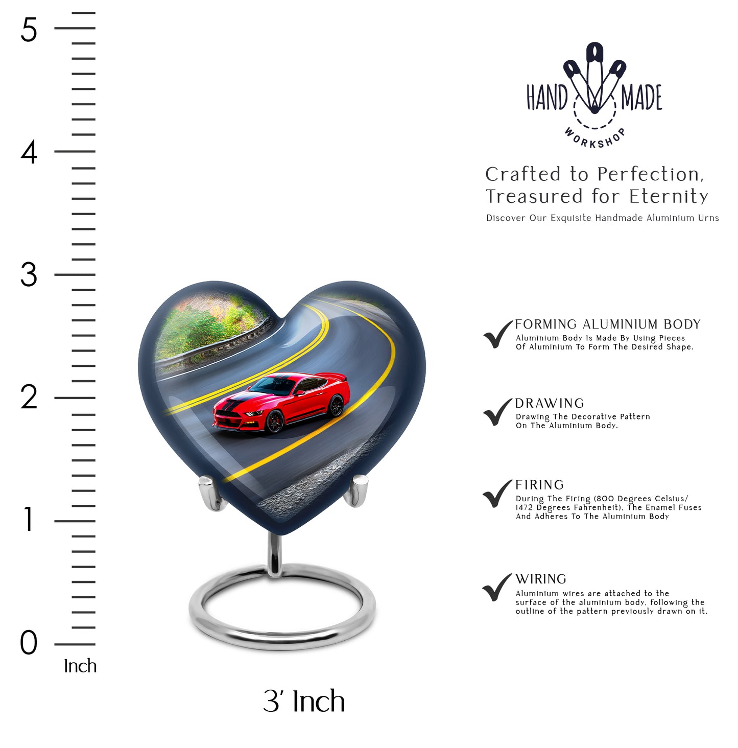 Dark Black Car Cremation Urn front view showing detailed design - compassionate heart-car combination with gentle curves - mini keepsake memorial for portion of cremation ashes