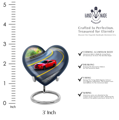 Dark Black Car Cremation Urn front view showing detailed design - compassionate heart-car combination with gentle curves - mini keepsake memorial for portion of cremation ashes