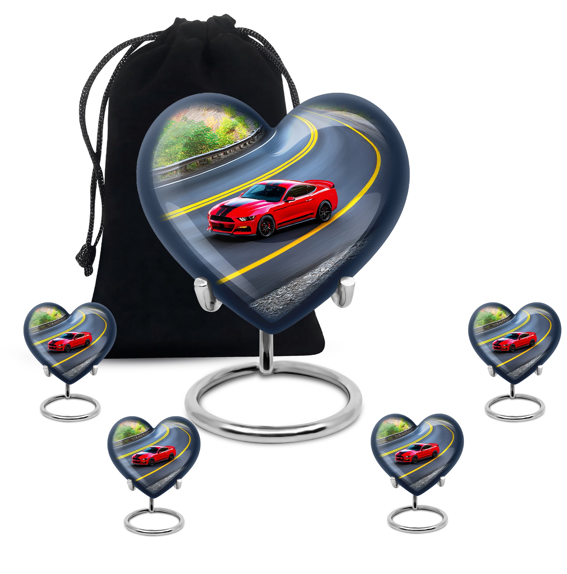 Ebony Car Cremation Urn close-up of engraving and surface detail - loving heart memorial featuring car pattern - memorial set with one large and four small urns