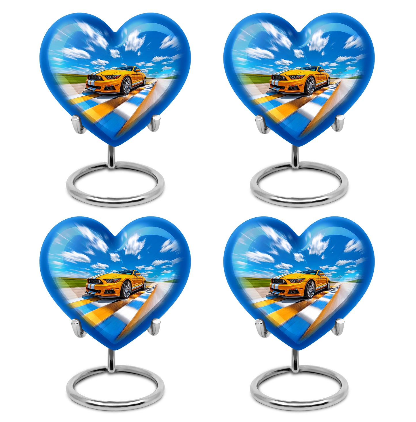 Powder Blue Car Cremation Urn angled view of lid and engraved motif - heart-shaped car design symbolizing eternal love - 10 inch aluminum urn for cremated remains