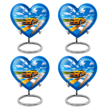 Powder Blue Car Cremation Urn angled view of lid and engraved motif - heart-shaped car design symbolizing eternal love - 10 inch aluminum urn for cremated remains