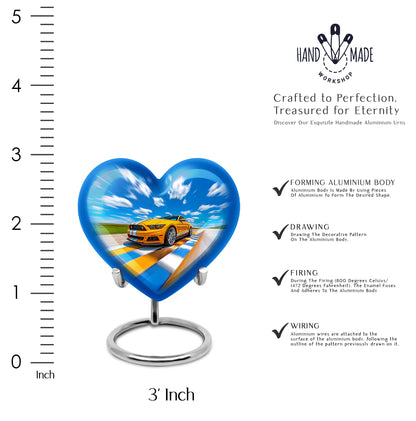 Pastel Blue Car Cremation Urn front view showing detailed design - heart-shaped car design symbolizing eternal love - mini keepsake memorial for portion of cremation ashes