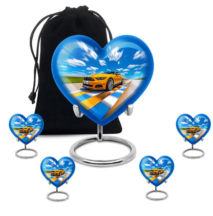Slate Blue Car Cremation Urn close-up of engraving and surface detail - heart-shaped car design symbolizing eternal love - memorial set with one large and four small urns